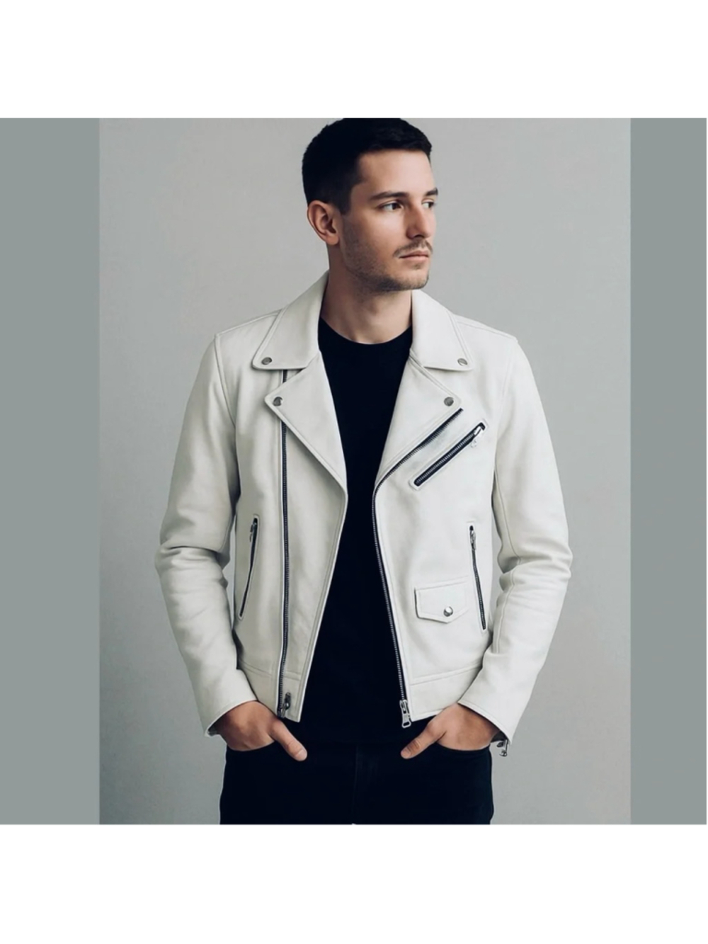 Y2K Le Chateau White Leather Moto Biker Jacket Size S